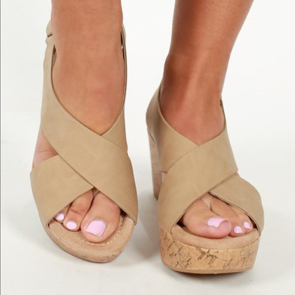 Nude Slingback Platform Cork Wedge Sandals - Picture 2 of 5